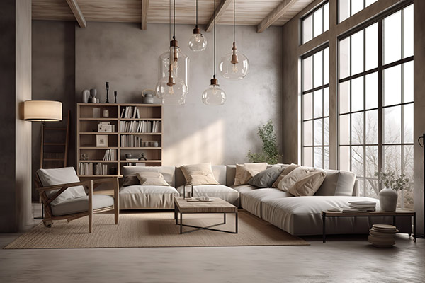 Living room loft decorated with modern mid-century furniture. Created with Generative AI.